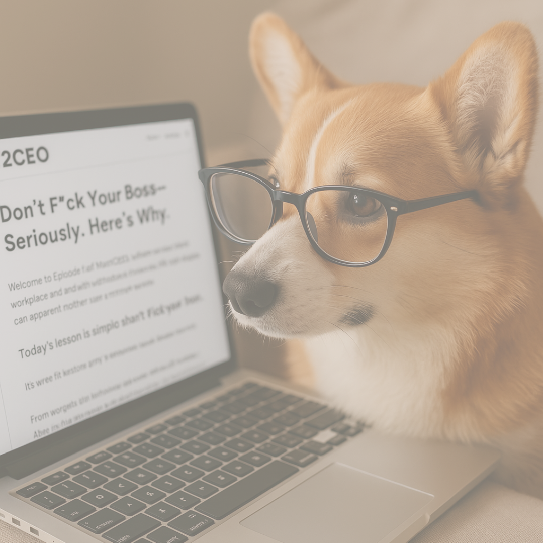 A dog wearing glasses sitting next to a laptop displaying a webpage with bold text.